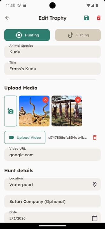 BucksShot app edit trophy screen for uploading photos, video, and hunt location