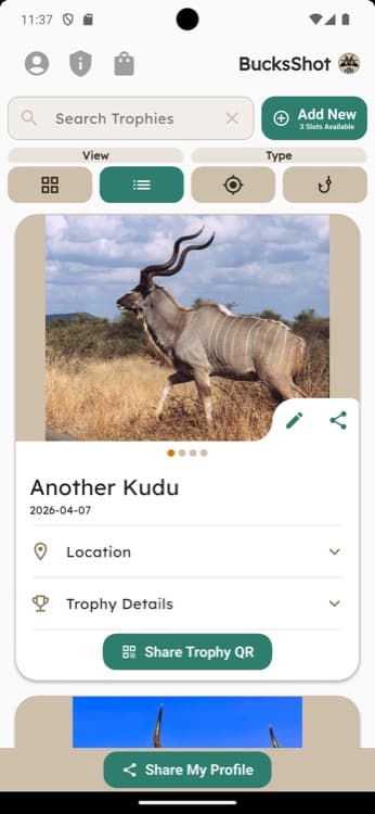BucksShot app trophy detail card for a kudu with a Share Trophy QR button