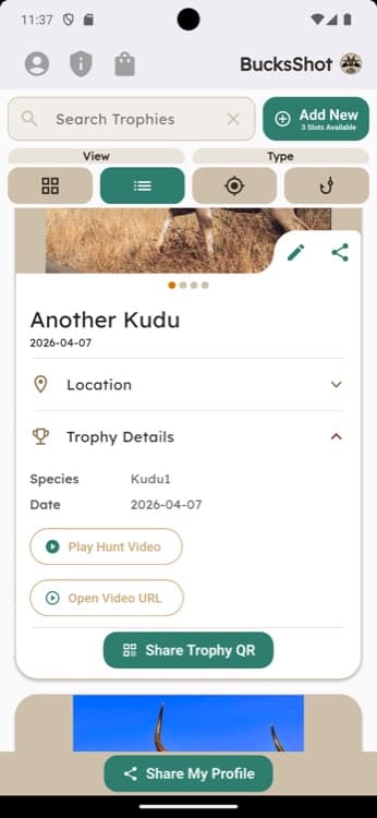 BucksShot app expanded trophy details showing species, date, and hunt video options