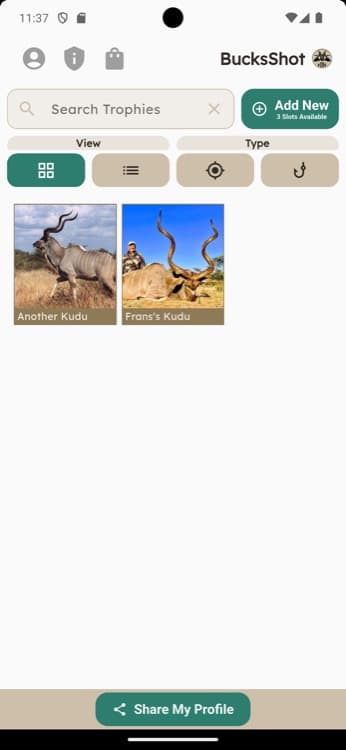 BucksShot app trophy grid showing a hunter's logged trophies with add new slots