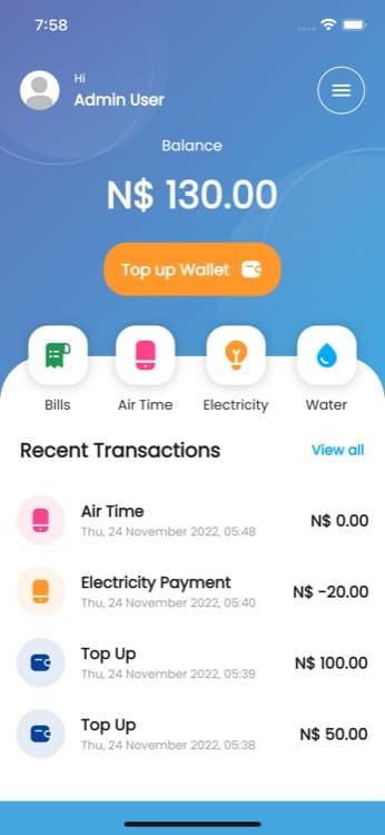 DigiPayTech app agent home dashboard showing wallet balance and recent transactions