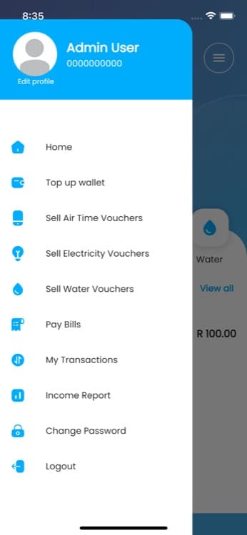 DigiPayTech app agent menu showing options to sell airtime, electricity, and water vouchers and pay bills