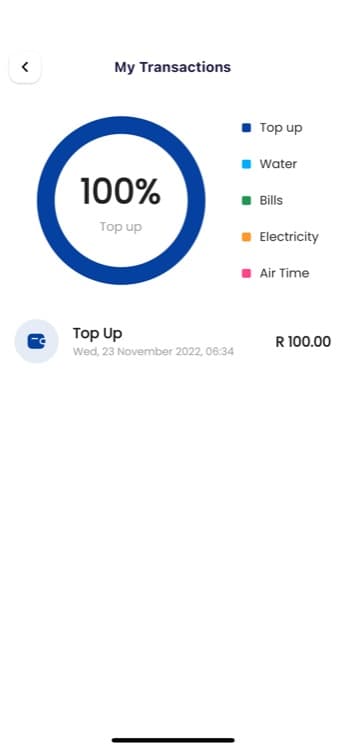 DigiPayTech app transaction history screen with a category breakdown of top-ups, water, bills, electricity, and airtime