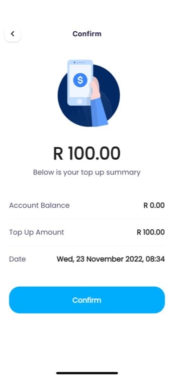 DigiPayTech app wallet top-up confirmation screen showing balance and top-up amount