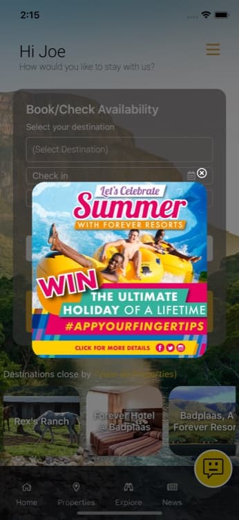 Forever Resorts app home screen showing destination search and book/check availability