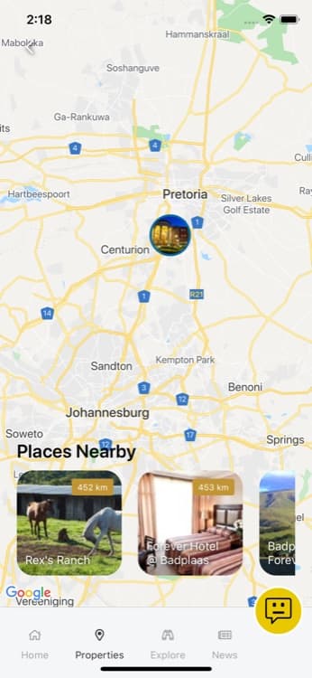 Forever Resorts app interactive map showing resort locations across South Africa