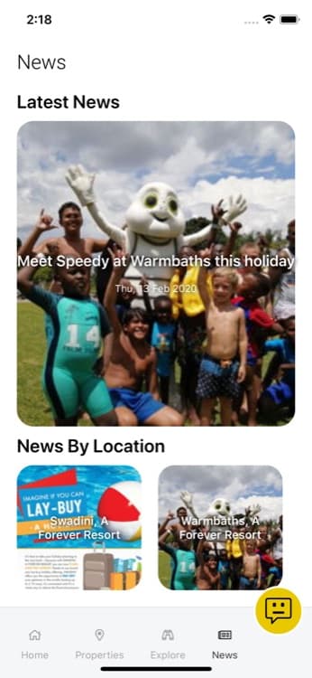 Forever Resorts app news feed with seasonal promotions and resort updates