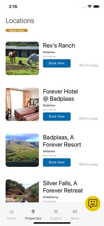 Forever Resorts app property listing screen showing nearby resorts and lodges