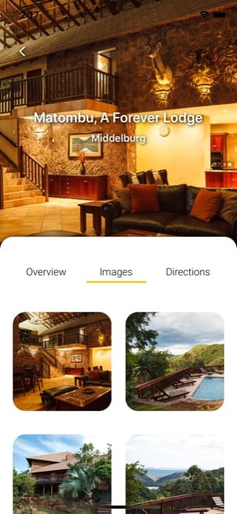 Forever Resorts app property detail screen with photo gallery for Matombu Lodge