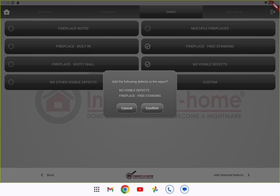 Inspect-a-Home app confirmation dialog for adding selected defect narratives to the inspection report