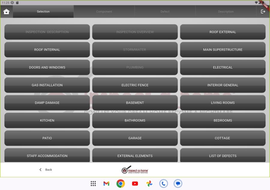 Inspect-a-Home app component selection screen listing property areas like roof, plumbing, electrical, and kitchen