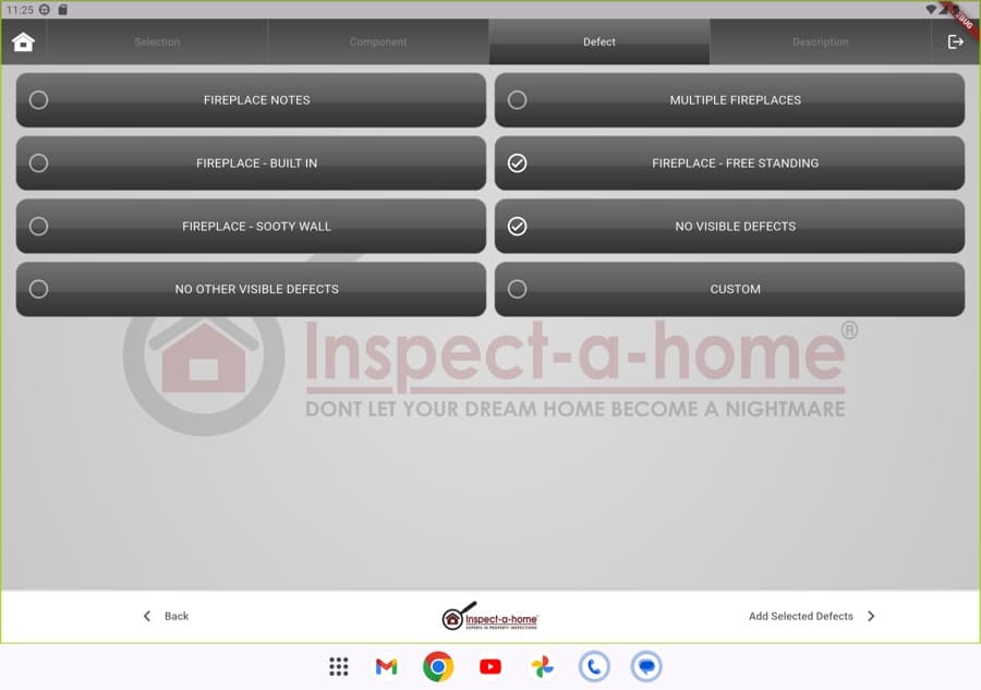 Inspect-a-Home app defect selection screen showing a pre-written narrative library of common findings