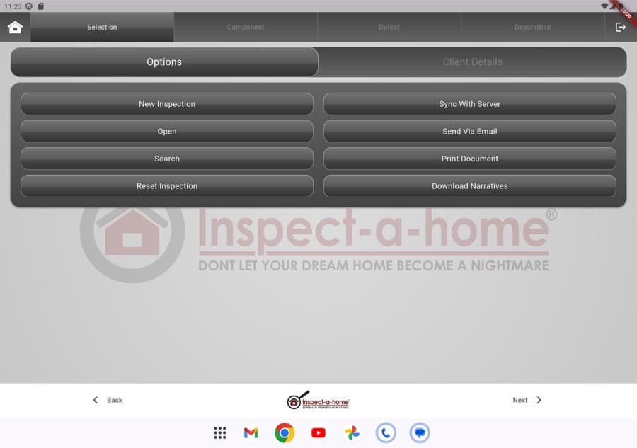 Inspect-a-Home app options menu for starting, syncing, and exporting property inspection reports