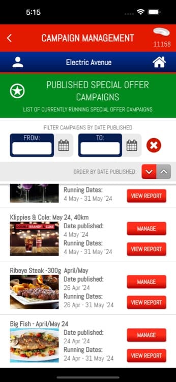 RedPaint app campaign management screen listing published special offer campaigns with manage and view report buttons