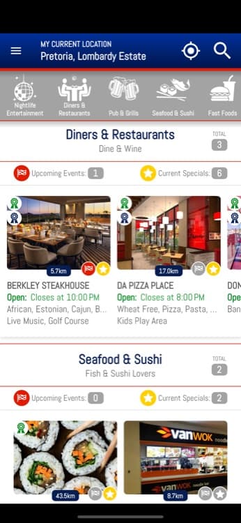 RedPaint app home screen showing nearby venues organised by category with live event and special counts