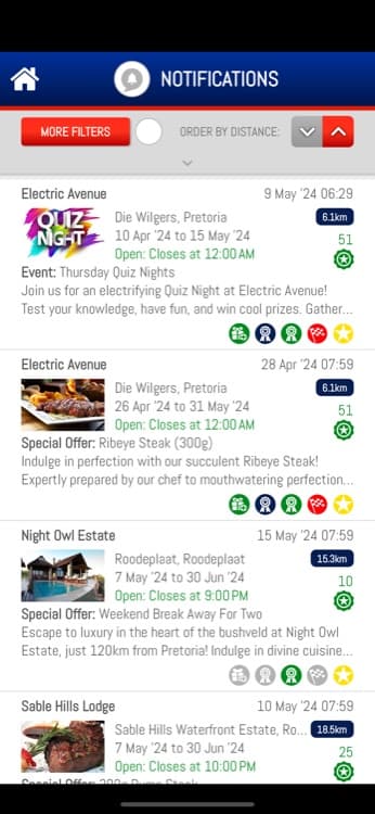 RedPaint app notifications feed showing time-boxed campaigns like a quiz night and a ribeye steak special
