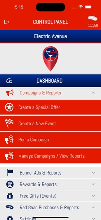 RedPaint app vendor control panel with options to create a special offer, event, or campaign